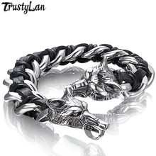 Крутой кожаный браслет с головой волка, мужские браслеты с цепочкой, мужские кожаные браслеты, полированная Тяжелая нержавеющая сталь, ювелирное изделие, дружба, Новинка