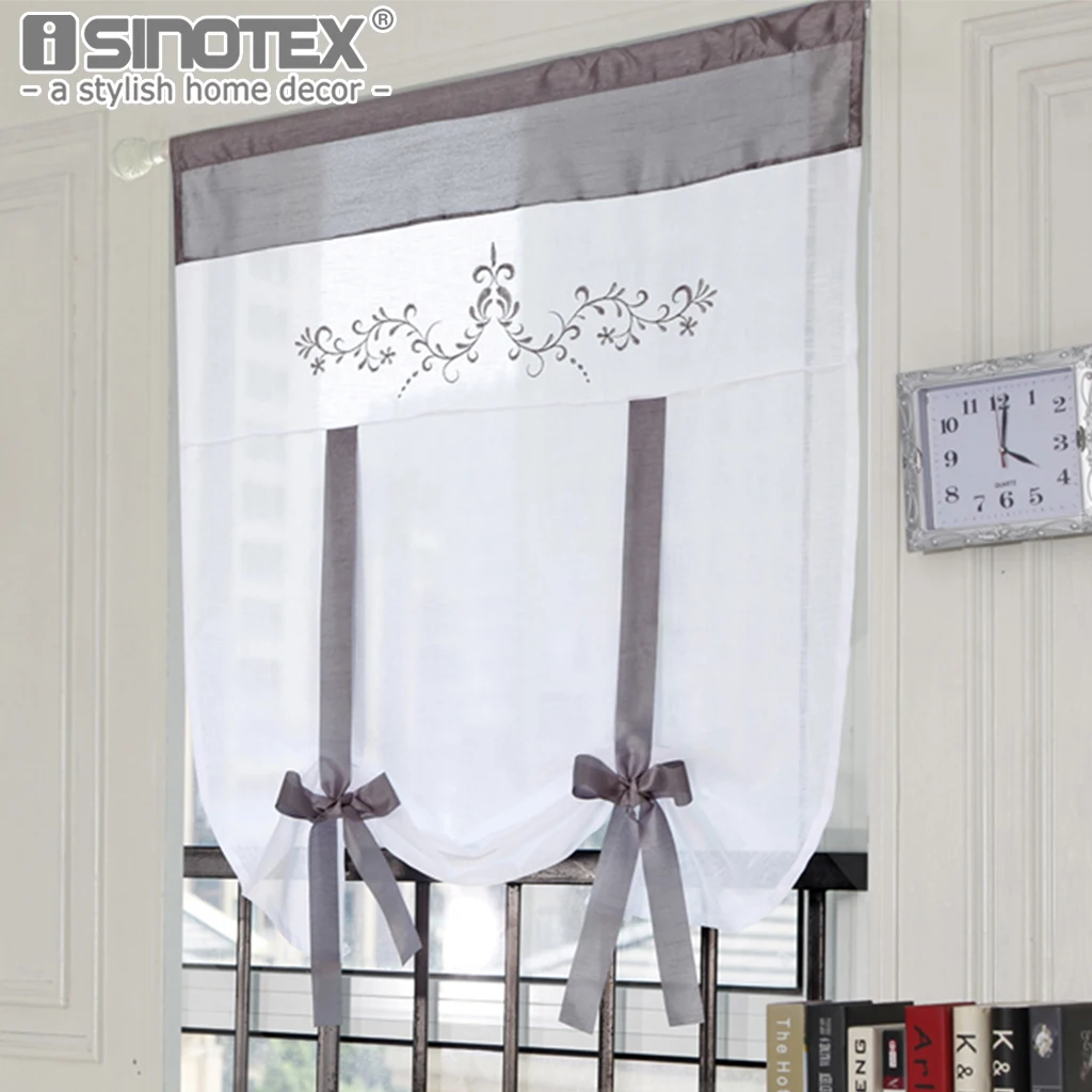 

Polyester Fabric Window Treatments Roman Voile Curtain Embroidered Leaves Ribbon Eurppe Style Home Textile 6 Sizes 2 Colors 1PCS