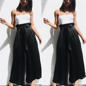 

Trendy Women Loose Stretch High Waist Wide Leg Pants casual Polyester bandage solid Black Trousers one pieces