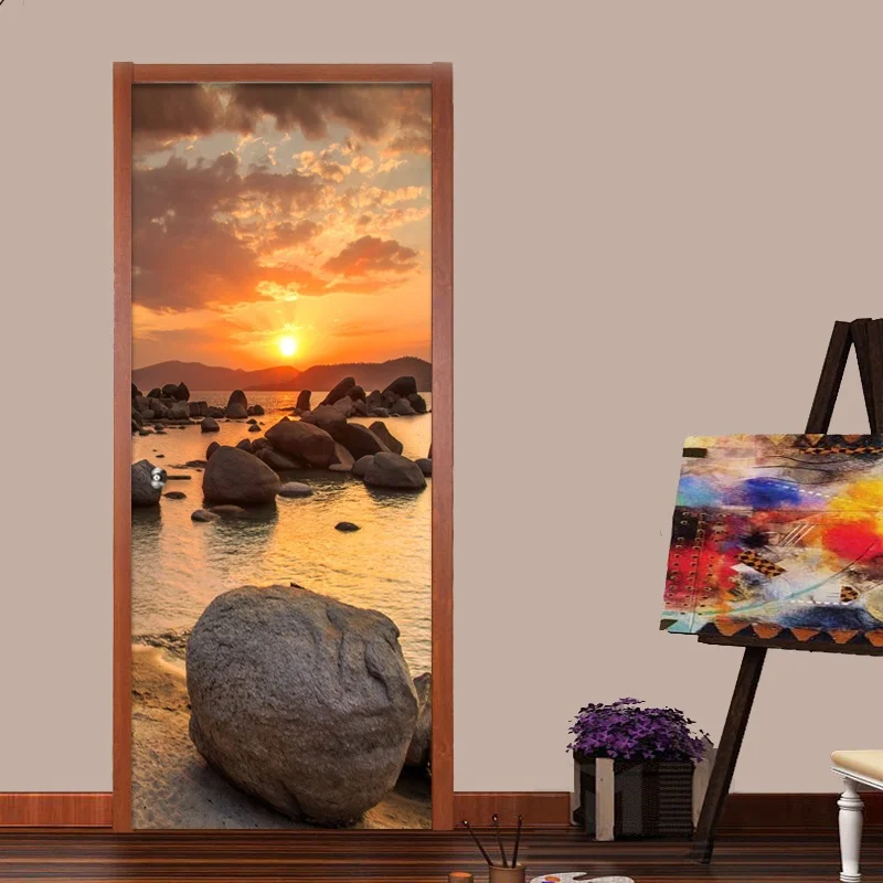 

3D Sunset Landscape Poster PVC Waterproof Entire Door Sticker Creative Stickers Door Wall Sticker DIY Mural Bedroom Home Decor
