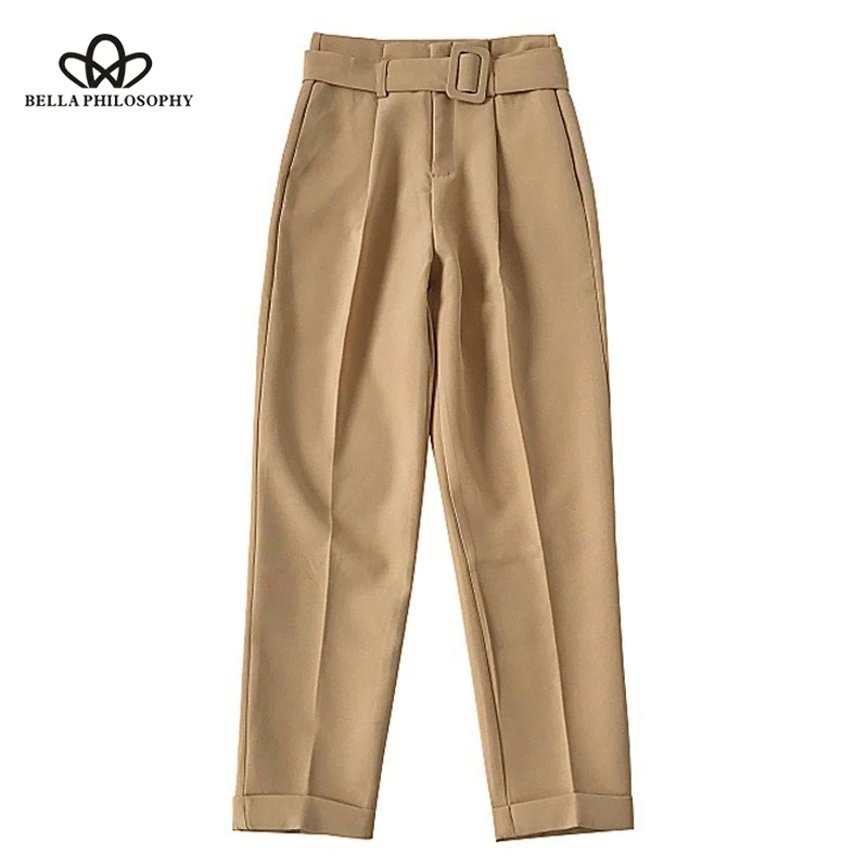 

2019 Ladies Summer Khaki Suit Pants Woman High Waist Harem Pants Korean Ankle Length Trousers Belt Waist