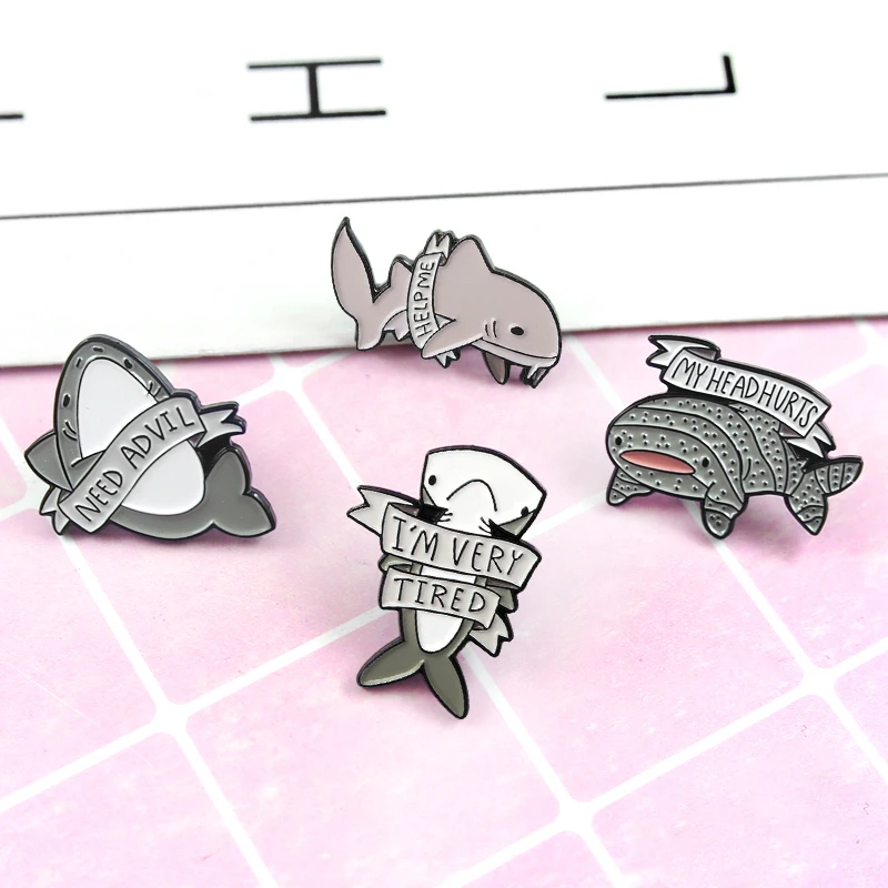 

Cartoon Seas Animal Shark Brooch HLEP ME,I'M VERY TIRED,NEED ADVIL,MY HEAD HURTS Enamel Badge Backpack Clothing Badge Jewelry