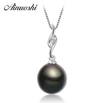 

AINUOSHI 10mm Black Cultured Pearl Tahiti Round Pearl Pendants 925 Sterling Silver Cubic Zirconia Engagement Necklace Pendants