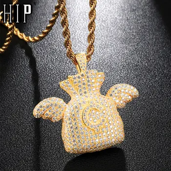 

HIP Hop Full AAA Iced Out Bling CZ Cubic Zircon Copper Dollar Money Bag Angel Wings Pendant & Necklace For Men Jewelry Wholesale