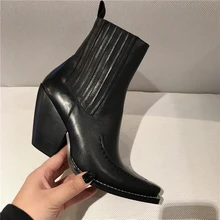 Preto De Couro genuíno Das Mulheres Tornozelo Botas de Moda Botas Grossas de Salto Alto Martin Botas Botas de Dedo Apontado botas Chelsea Pista Tenis Feminino