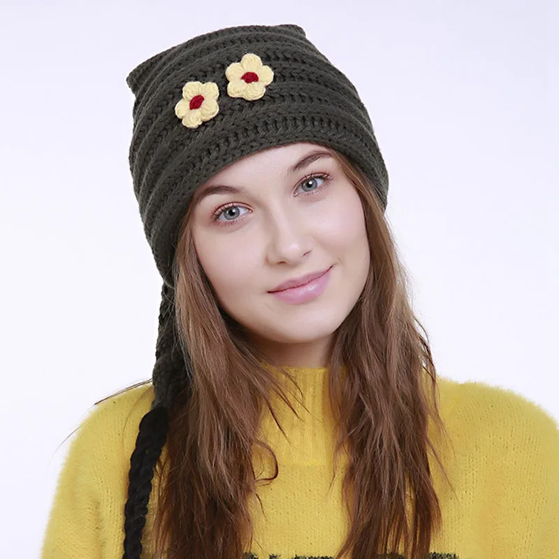 Runmeifa 2018 новый акриловый Для женщин Шапки с цветочным Kintted шапочки зима теплая шапка для Femme Бонне шапочка Кепки женский Кепки S
