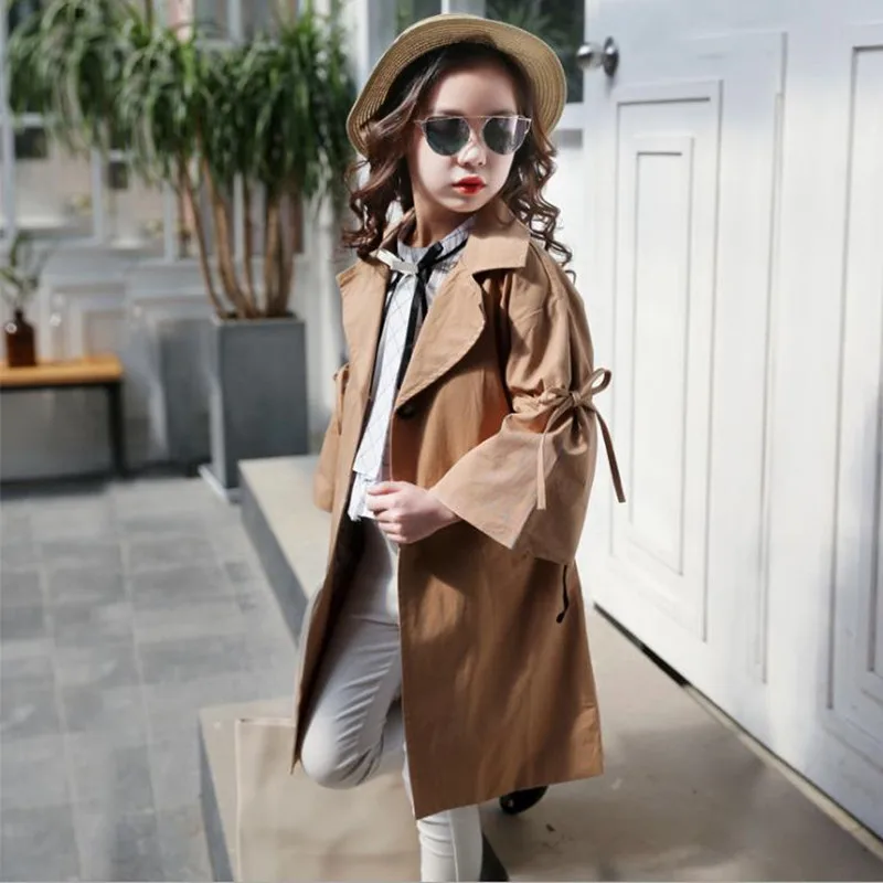 

Fashion Autumn Girls Wind Jacket Children 2018 Solid Trench Coat Bow Belt Teenager Outerwear Kids Windbreaker 4T-12T