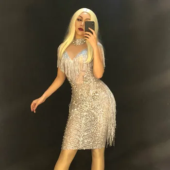 

Women Nightclub Sparkling Rhinestones Tassel Dress Glisten Crystals Costume One-piece Dance Wear Singer Stage Long Dresses DJ DS