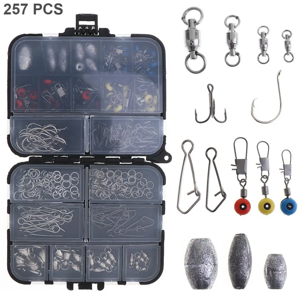 257 шт. комплект рыболовных принадлежностей, набор рыболовных колец, крючков для ловли тунца, защелки, Поворотный соединитель, грузило с коробкой для снастей