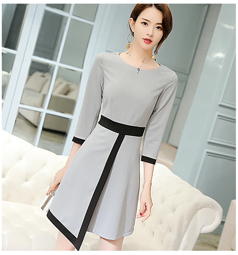 

Fashion Sheath Elegant Women Dress Patchwork Knee-Length Three Quarter Casual Office Lady Summer Dresses O-Neck Red Gray Vestido