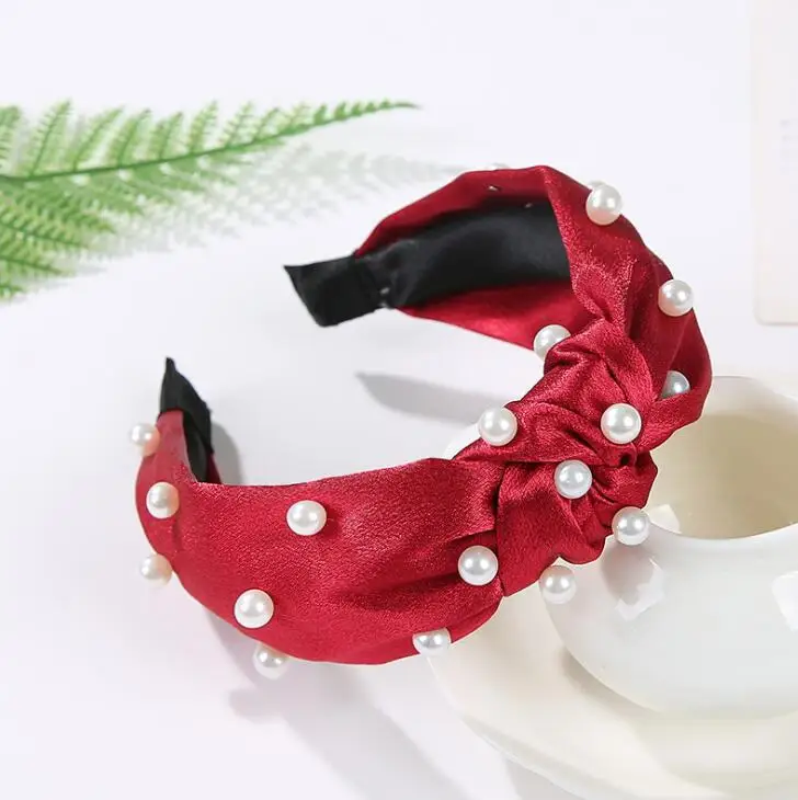 

1 PC New Colorful Wide Ribbon Pearl Beads Hairband Velvet Knot Wide Knitted Headband For Women Girls Hair Accessories