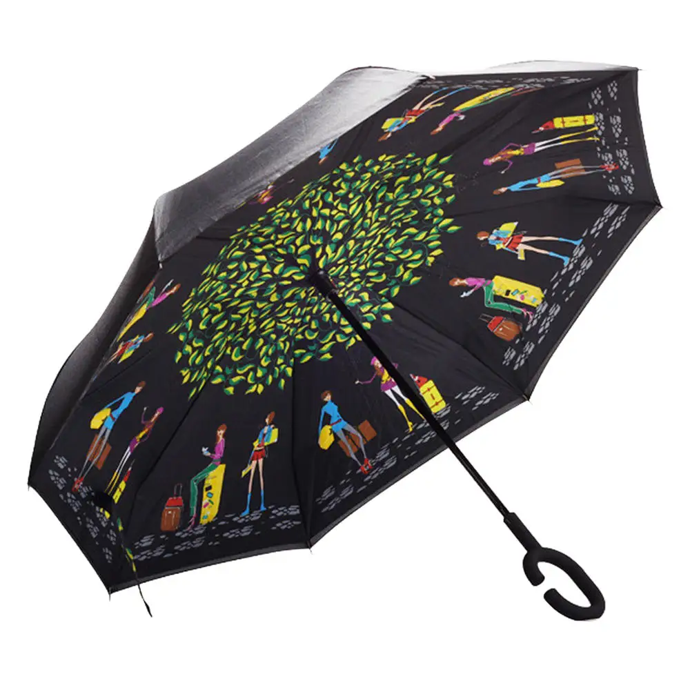 

Woman Umbrella Folding C-Handle Reverse Parasols Rain Inverted Solid Reverse Umbrella Windproof Umbrella Double Layer WZP258