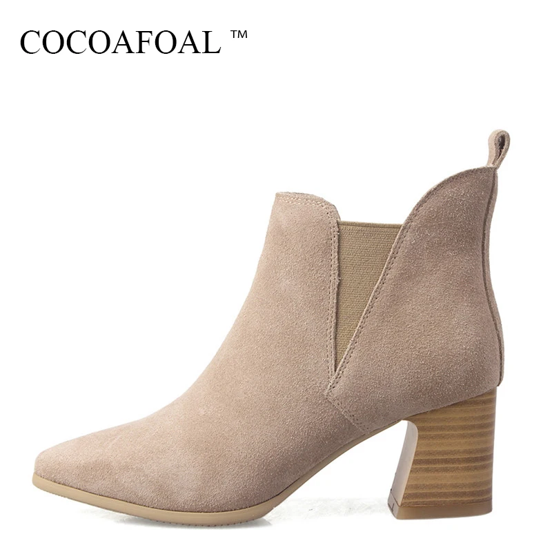 

COCOAFOAL Fashion Black Nubuck Leather Martin Boots Winter Gray High Heeled Ankle Boots Woman Genuine Leather Chelsea Boots 2018