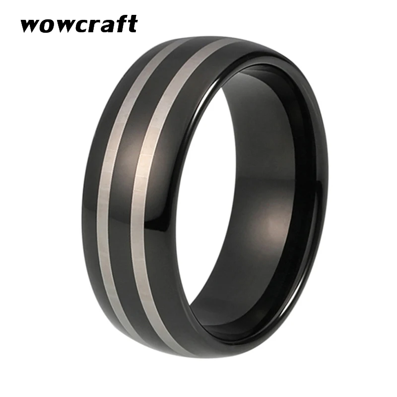 

8mm Black Tungsten Carbide Ring for Men With Silver Lines Polished Finish Dome Wedding Band Comfort Fit