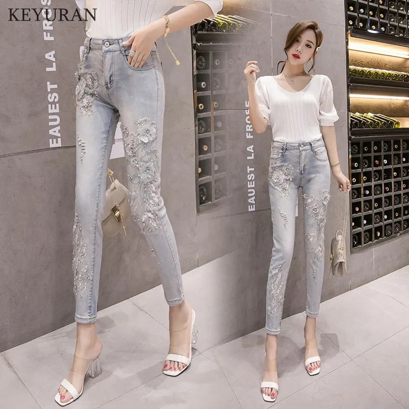 Лето-осень, модные женские эластичные узкие джинсовые брюки-карандаш с вышитыми блестками цветами, узкие женские джинсовые брюки с высокой талией
