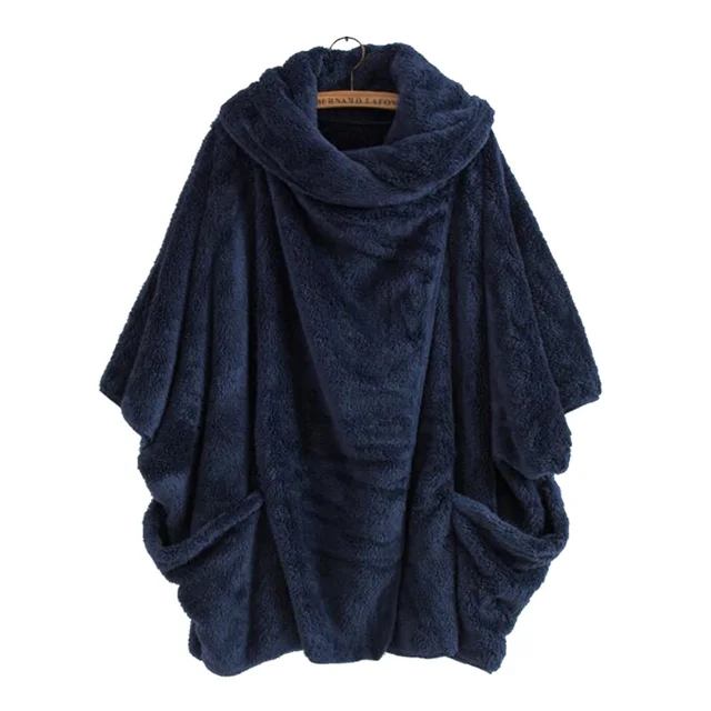 Price Autumn new women casual solid color cloak long sleeved large pocket plush turtleneck bat sleeve cardigan coat