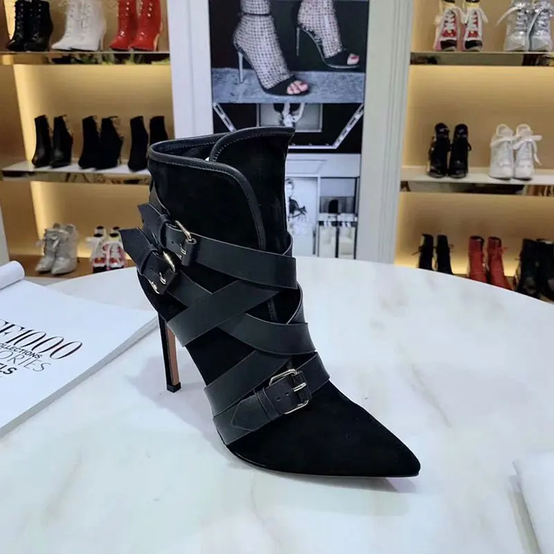 

2019 New Fashion Spring/Autumn Genuine Leather Buckle Super High 10.5cm Pointed Toe Women Boots Luxury Shoes Women Designers