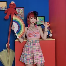 Harajuku клетчатая юбка женский градиент карманные, на цепочке со складками Высокая Талия юбки летние Последняя мода уличная розовый мини-юбка Для женщин