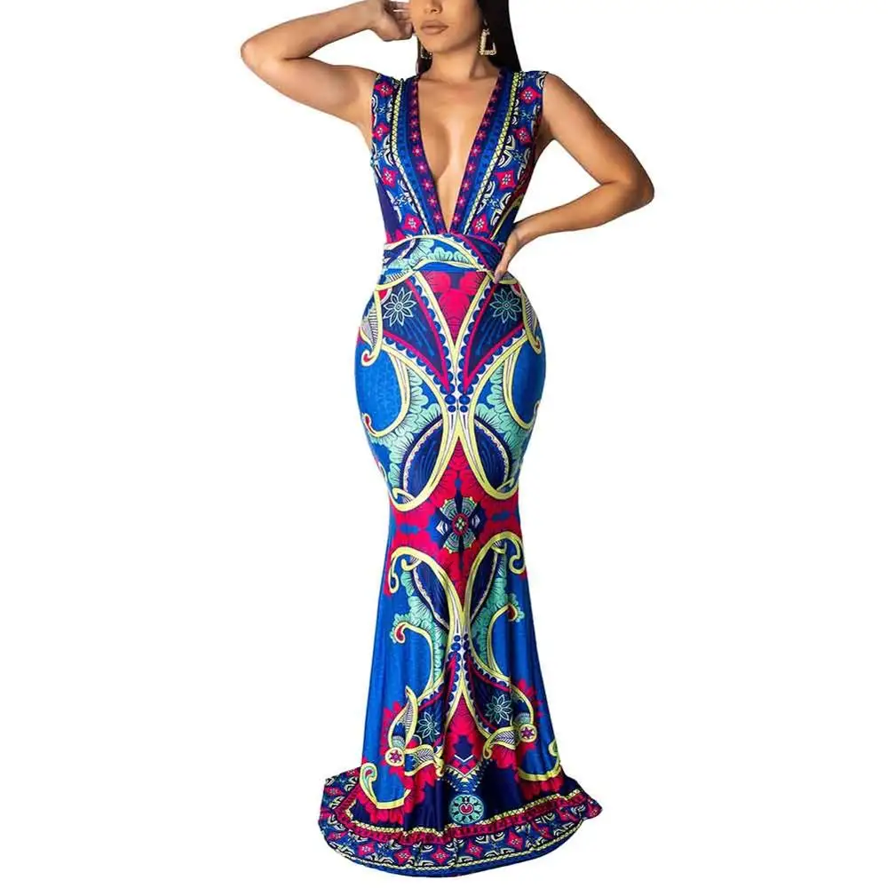 Kureas африканская женская одежда Дашики сарафан с принтом Макси платье летняя африканская одежда размера плюс Vestido - Цвет: Синий