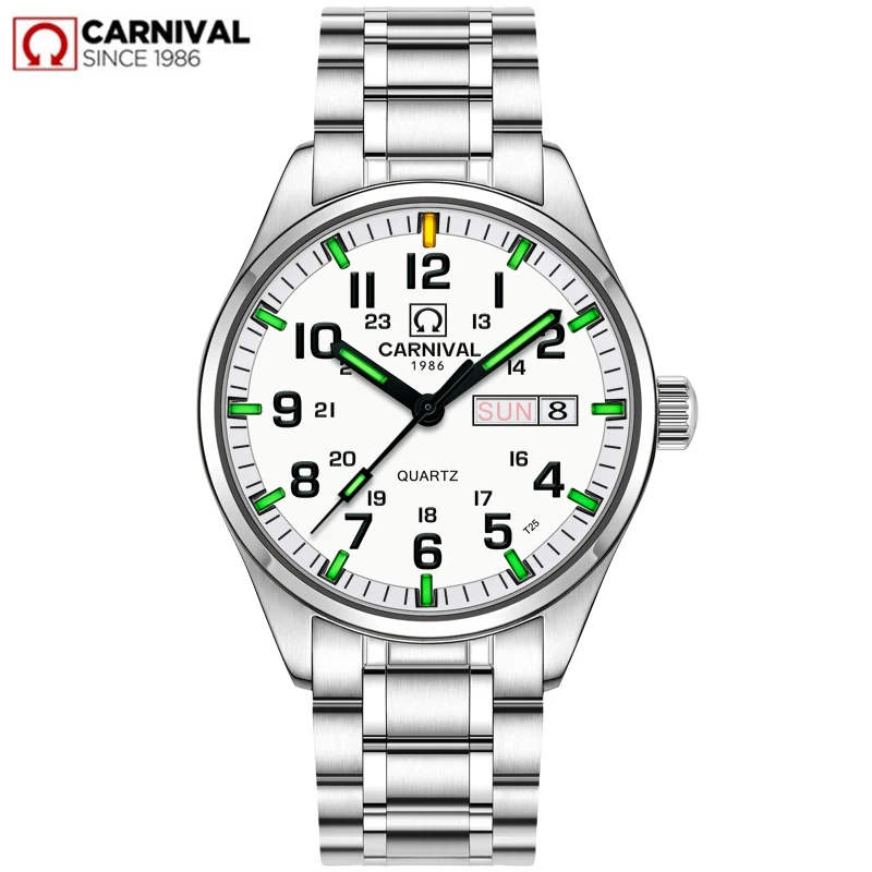 

Carnival Tritium Luminous Quartz Watch Men Double Calendar Date Waterproof Military Waterproof Clock Stainless Steel