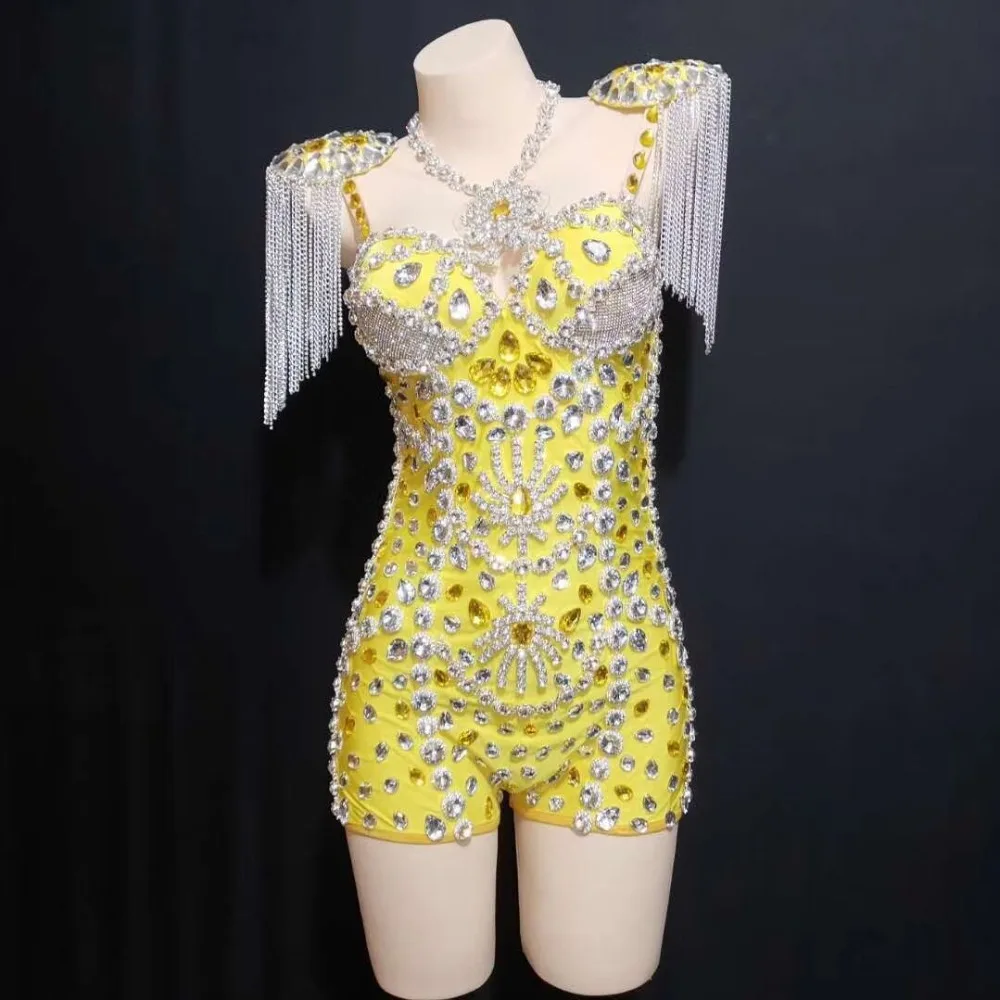 (Боди + юбка + эполет) желтый стеклянный Женский комплект со стразами сексуальный роскошный сценический костюм Go-Go для выступления певца