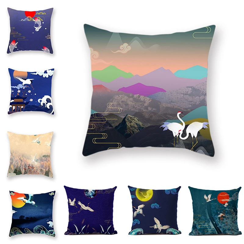 

Fashion Cushion Cover Print Crane Bird Red Sun Decorative Pillows Decor Goldfish Pattern Series Sofa Decorative Cushions