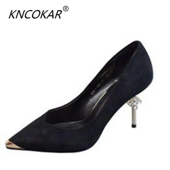 

KNCOKAR 2018 new spring suede suede and water drilling single shoe metal tip professional high-heeled shoes female