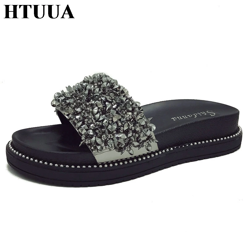 

HTUUA Fashion Crystal Slippers Women Rhinestone Flat Slides Casual Female Outside Beach Flip Flops Summer Shoes Woman SX2324