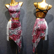 Латинское танцевальное платье Женский костюм из 2 предметов(топ+ юбка) женская розовая леопардовая одежда Фламенго танго платье латино танцевальный костюм VDB470