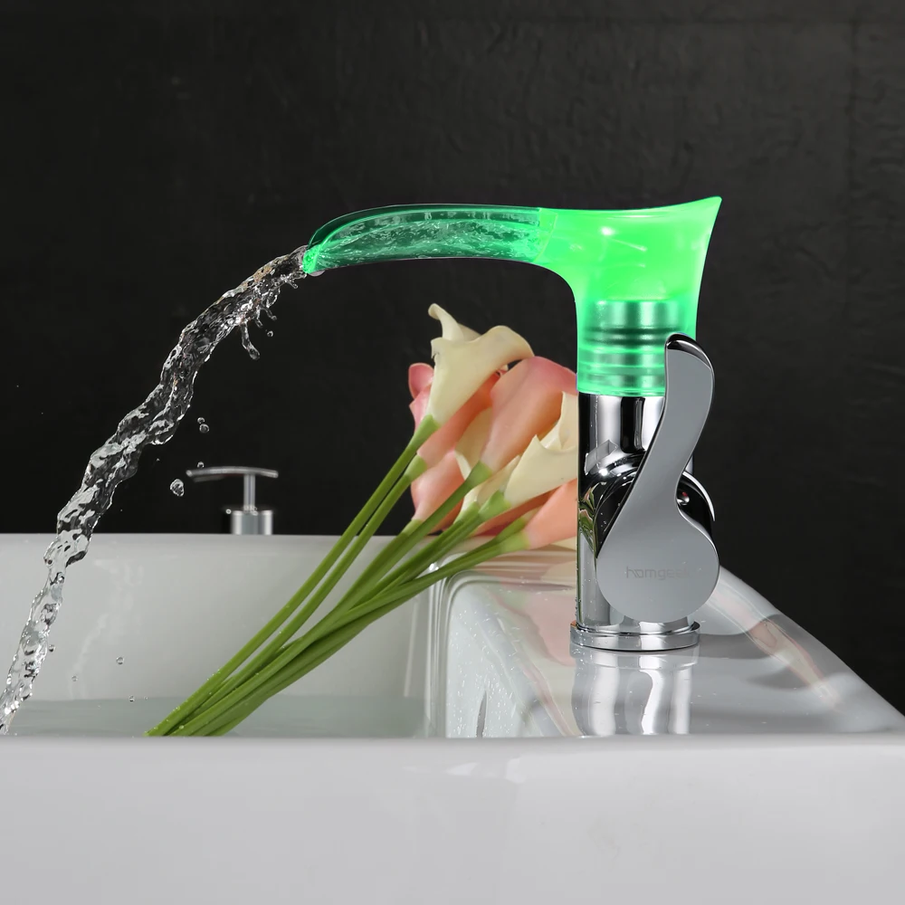 

Homgeek Modern Style Water Faucet Thermochromic LED Single Handle Copper Mixer Tap for Home Kitchen Sink Lavatory Bathroom