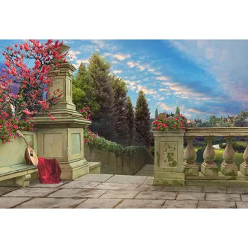 

Fairy Tale Street Photography Background Blue Sky Shabby Brick Ladder Stone Fence With Flowers Backdrop For Photo Booth Props