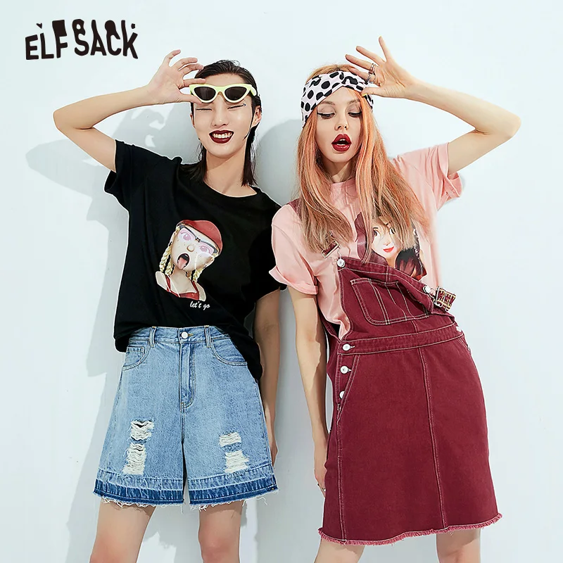 Женские основые повседневные футболки ELF SACK, черные женские топы с круглым вырезом и принтом, женская уличная футболка большого размера для лета