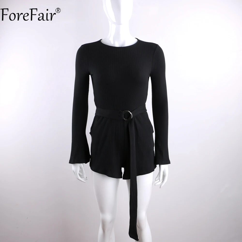 ForeFair, открытая спина, сексуальный комбинезон, черный, вязаный, в рубчик, с длинным рукавом, модные шорты, комбинезон, Повседневная Туника, женские комбинезоны