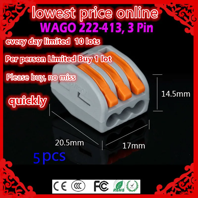 Limited special promotions 5 pcs lot WAGO 222 413 PCT213 Compact Wire Wiring Connector 3 pin