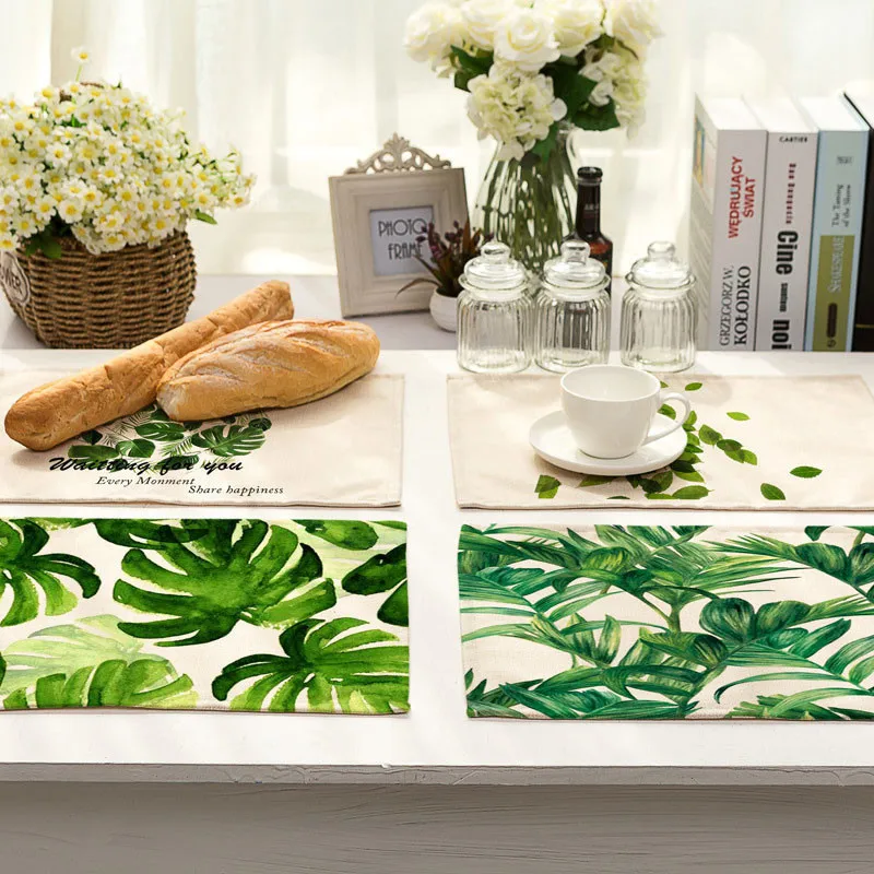 

1Pcs Green Leaf Plant Pattern Kitchen Placemat Coaster Dining Table Mats Cotton Linen Pad Bowl Cup Mat 42*32cm Home Decor MP0001