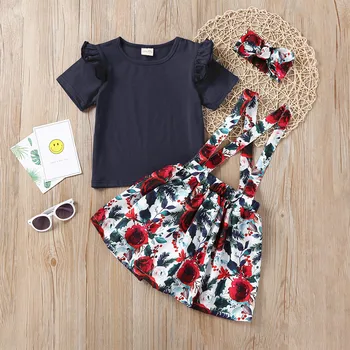 

Girls Summer Clothes Toddler Kids Baby Girl Floral T shirt Tops Suspenders Skirt Headband Outfits Set Vetement Fille 6M-2T