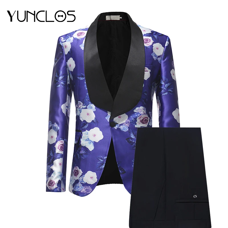 

YUNCLOS Wedding Men's Suits 2 Pieces Shawl Collar Floral Printed Suits Male Tuxedo Single Breast Luxury Wedding Party Men Dress