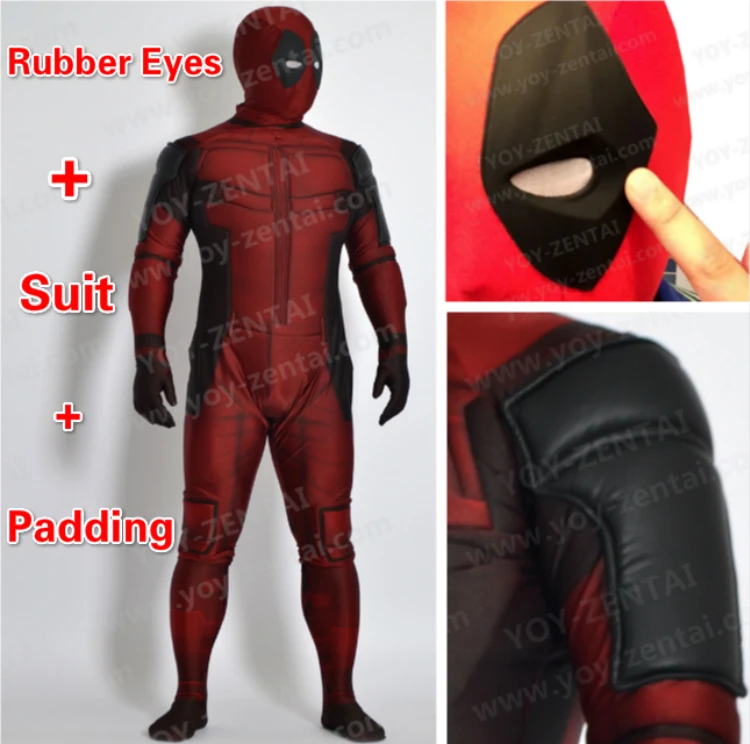 

High Quality Deadpool Costume Dark Red Printed Spandex Lycra Bodysuit with Padding and Rubber Lenses Cosplay Costume