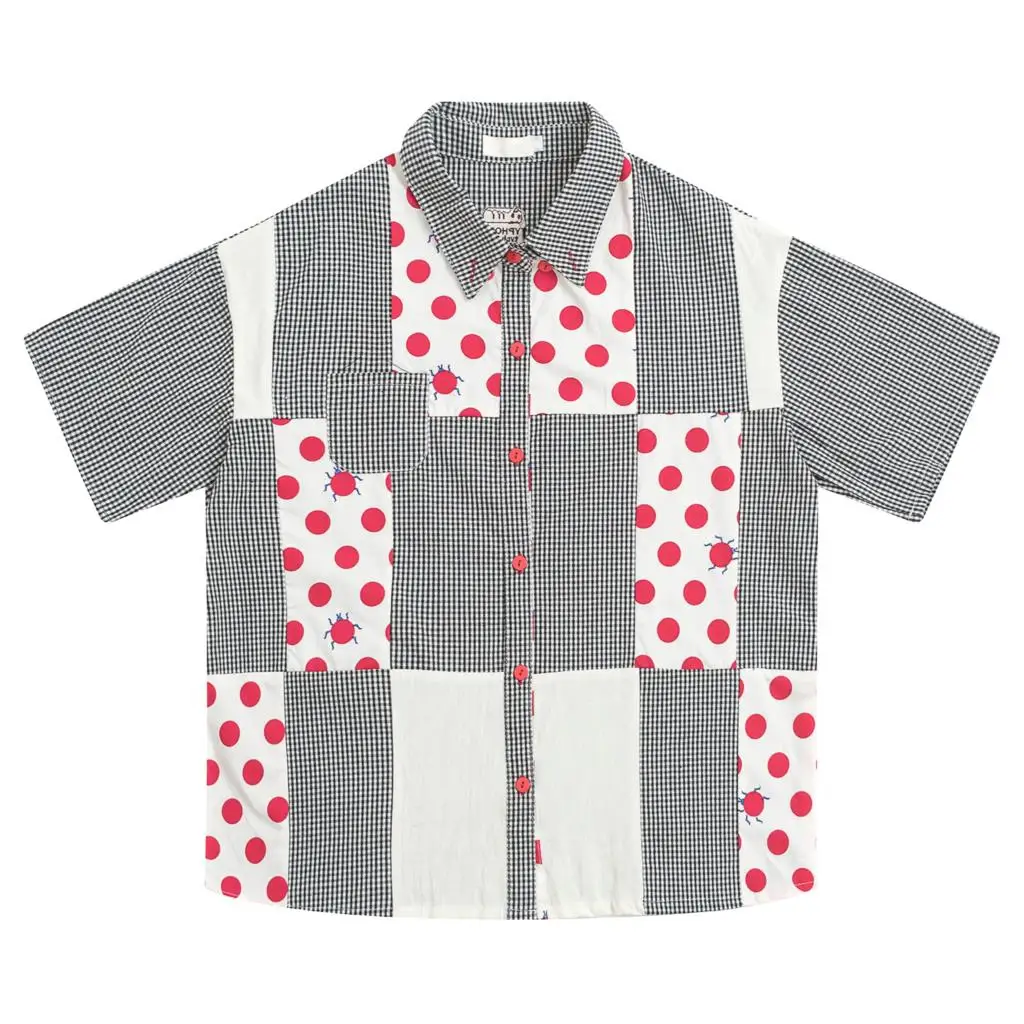 

Original Design Women's Loose Blouse Short Sleeve Turn Down Collar Plaid Patchwork Dots Femme Summer Shirts Tops For Teenage