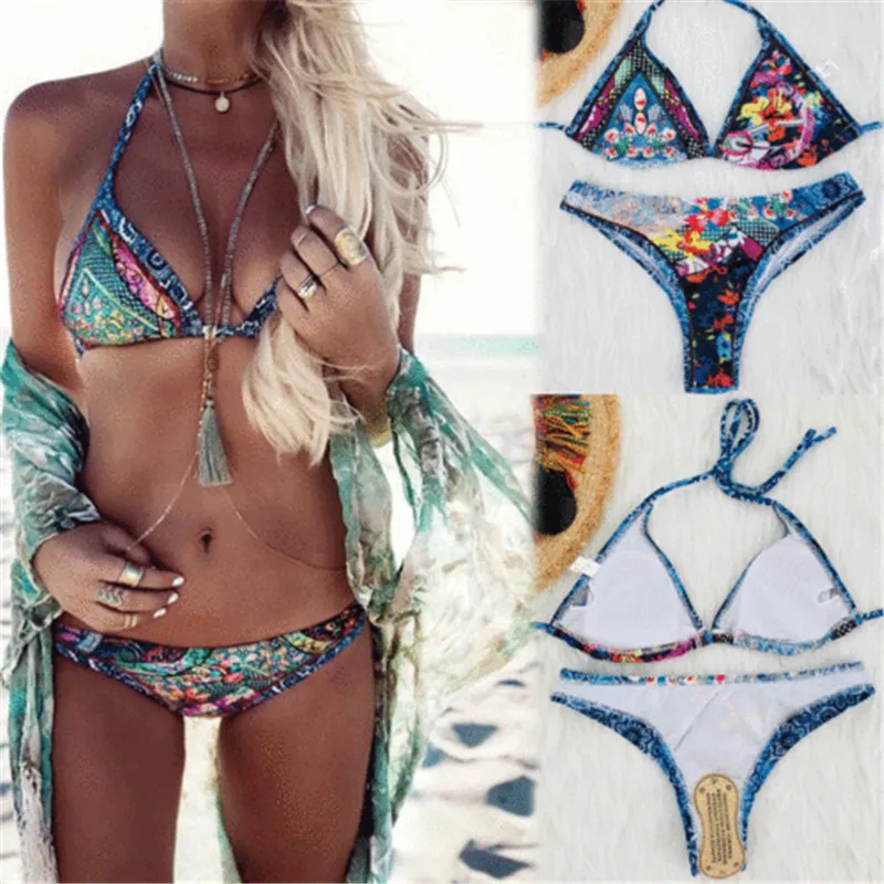 

Summer Bikini 2019 Women Bohemia Style Push Up Bra Beach Bikini Set Swimsuit Women Blue Floral Print Swimwear Girl Dropshopping