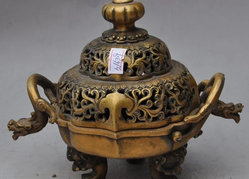 

old china bronze dragon pixiu beast Pierced carved flower incense burner Censer