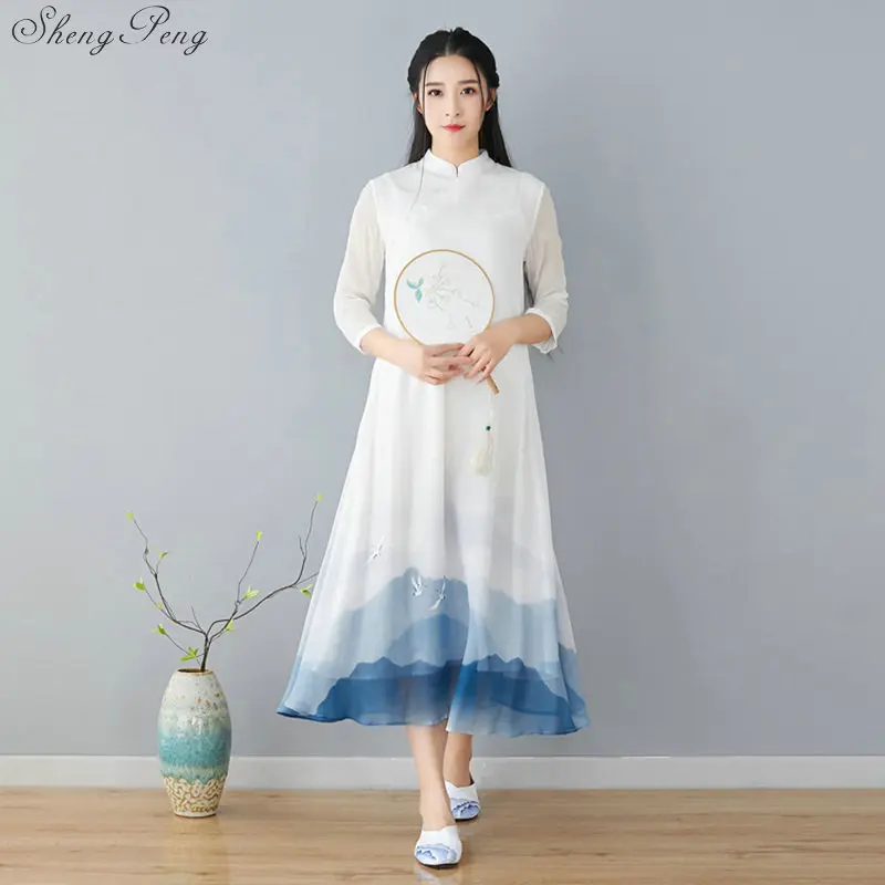 Новинка 2019 года современный Cheongsam Белый Вышивка Ци Пао длинные для женщин традиционные китайское платье Qipao Восточный стиль V1543
