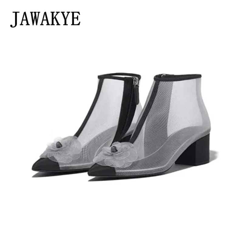 

JAWAKYE Pointy Grey Mesh Gauze Ankle boots Women Flower Square heel Clear Shoes Woman Sexy ladies Summer Shoes