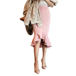 Осень 2017 г. модные женские туфли уличная Высокая талия оборками русалка юбки пикантные Однотонная одежда Bodycon женские Офисные Средний