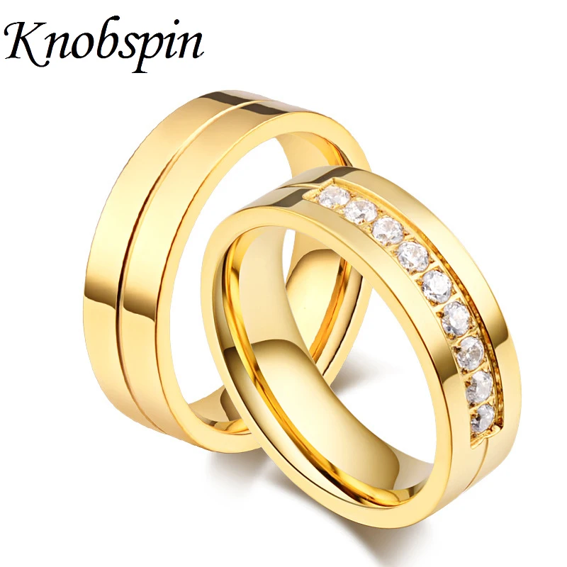 Titanium Steel Zircon Couple Rings for Men Women European Anniversary Wedding Rings Plated Gold Color Lovers Jewelry anillos