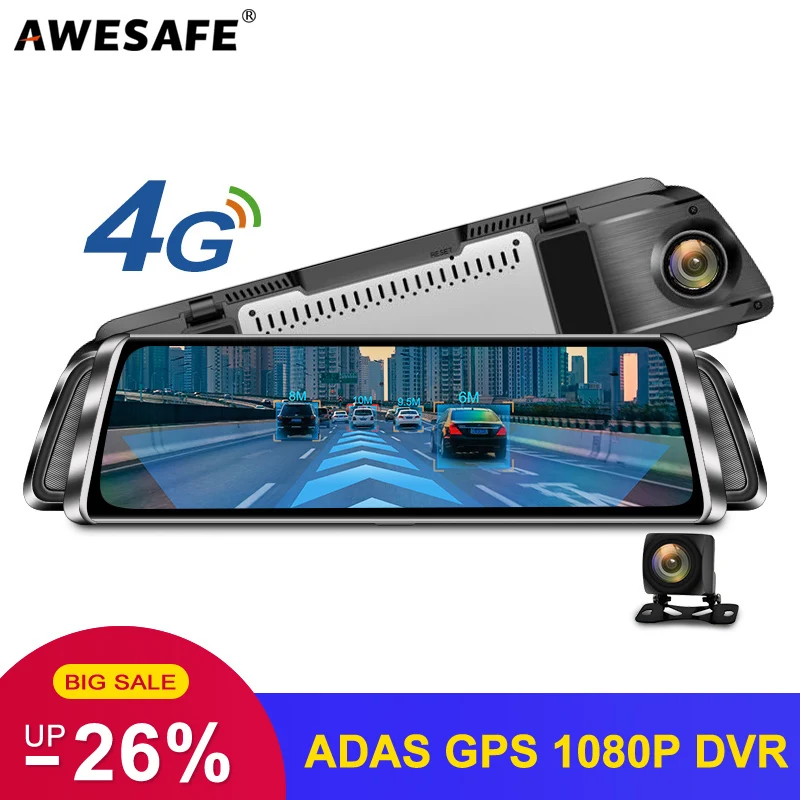 

AWESAFE 10'' 4G Android ADAS Car DVR Camera 1080P Night Verison Stream Media Rear View Mirror with Gps Navi Dual Lens Dash Cam