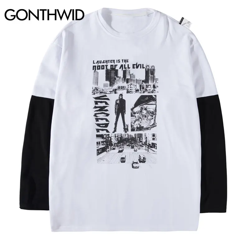 

GONTHWID The Root of All Evil Print False Two Pieces Patchwork Long Sleeve Tees Shirts 2019 Men Hip Hop Casual Tops Streetwear