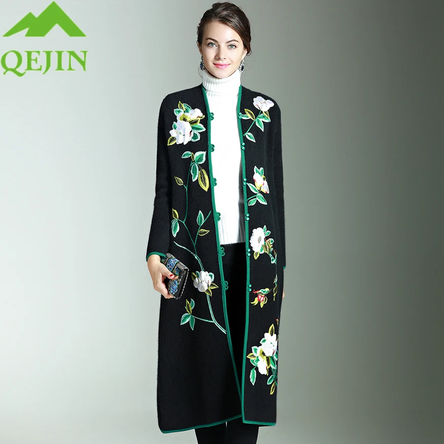 

Women's mink cashmere Jackets wool trench coat long loose warm thick wool coats embroidery flora lady outerwear Luxurious jacket