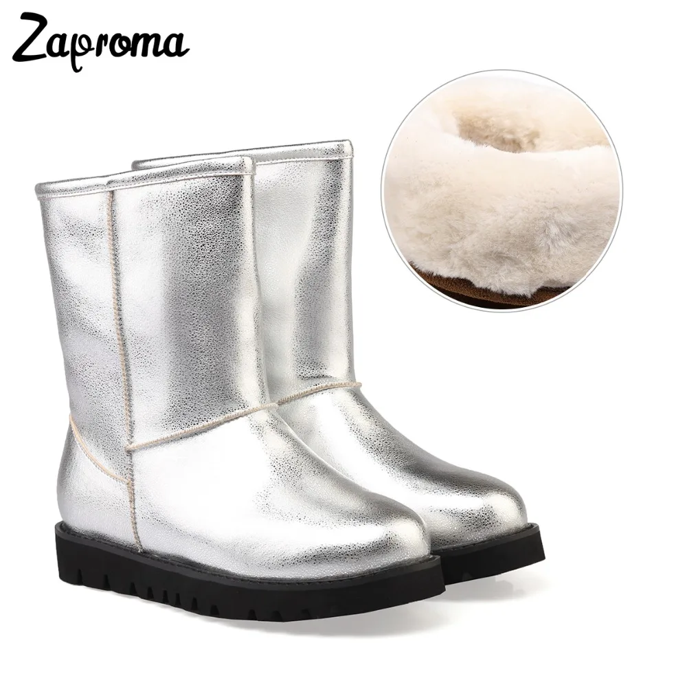 

Women Genuine Leather Cow Suede Winter Snow Boots Australian Warm Wool Mid Calf Fur Slip On Shoe Black Pink Brown Silver White