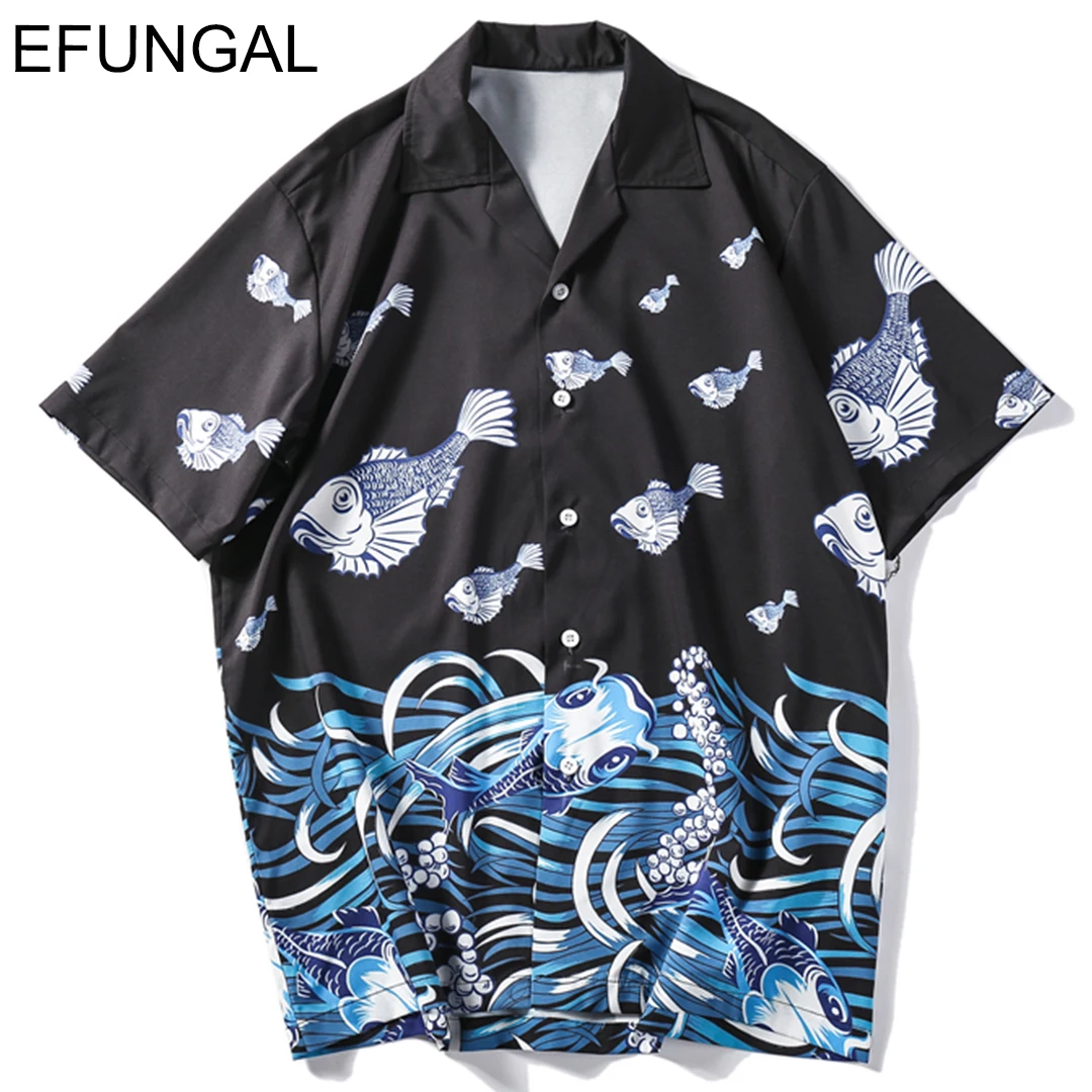 

EFUNGAL Men Japanese Ukiyo-E Carp Fish Printed Shirts Summer Casual Hawaiian Aloha Party Holiday Shirts Male Hip Hop Streetwear